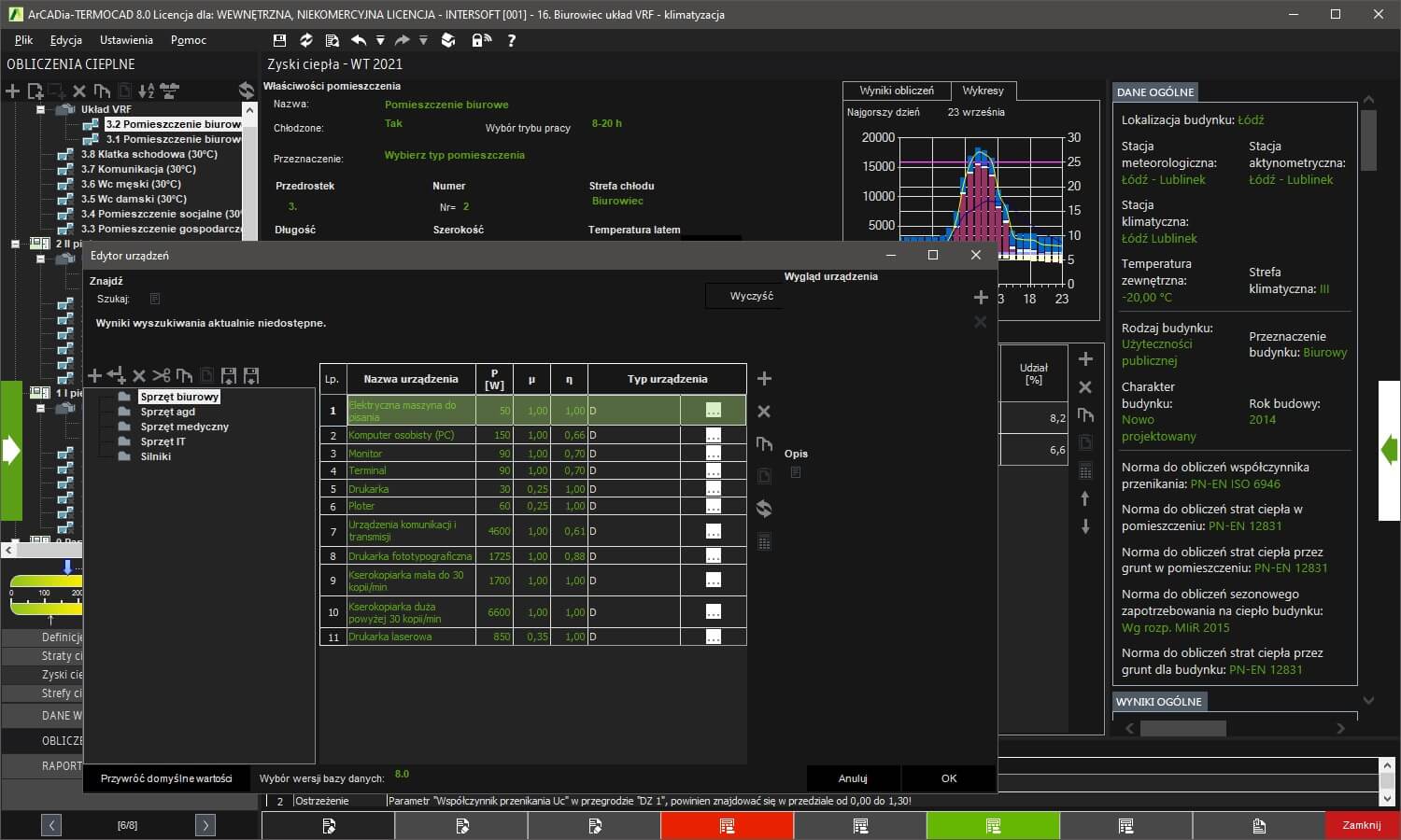 Klimatyzacja - zapotrzebowanie na moc chodnicz - licencja roczna | INTERsoft program CAD