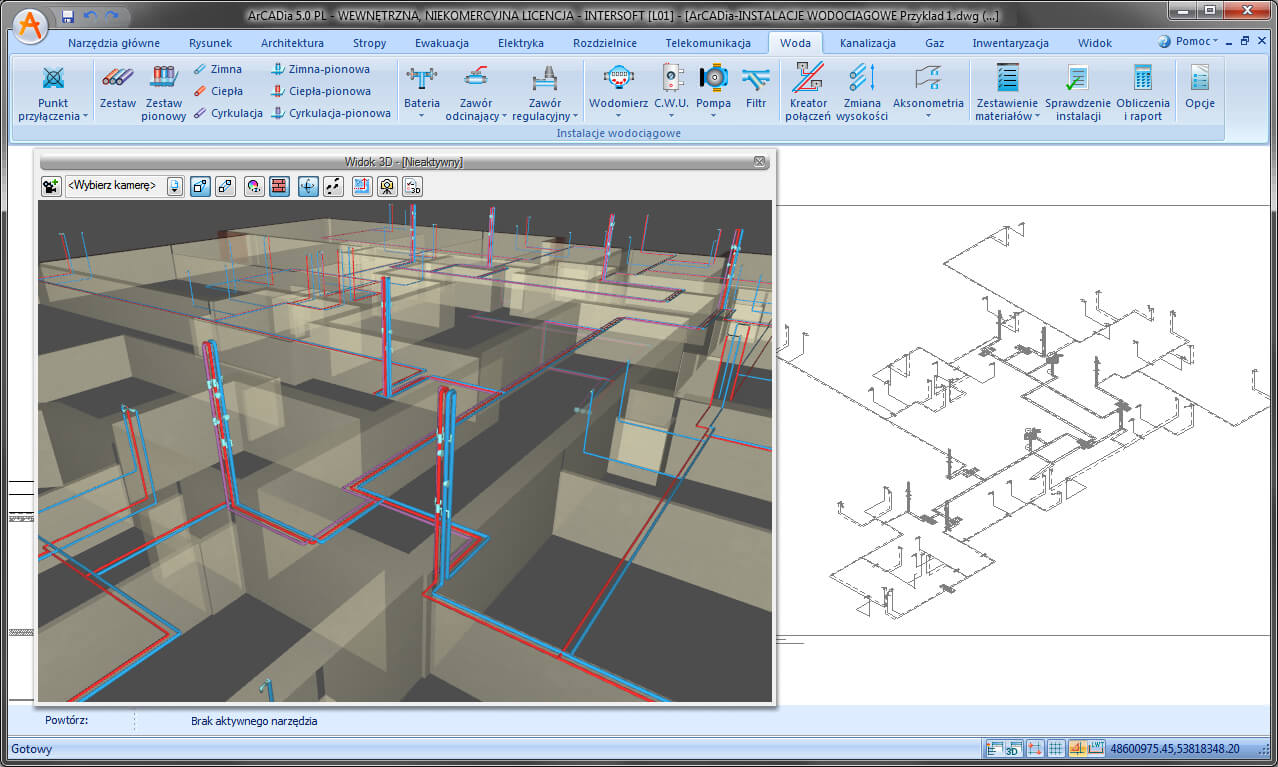 Podgld 3D na projekt budynku z instalacjami wodocigowymi