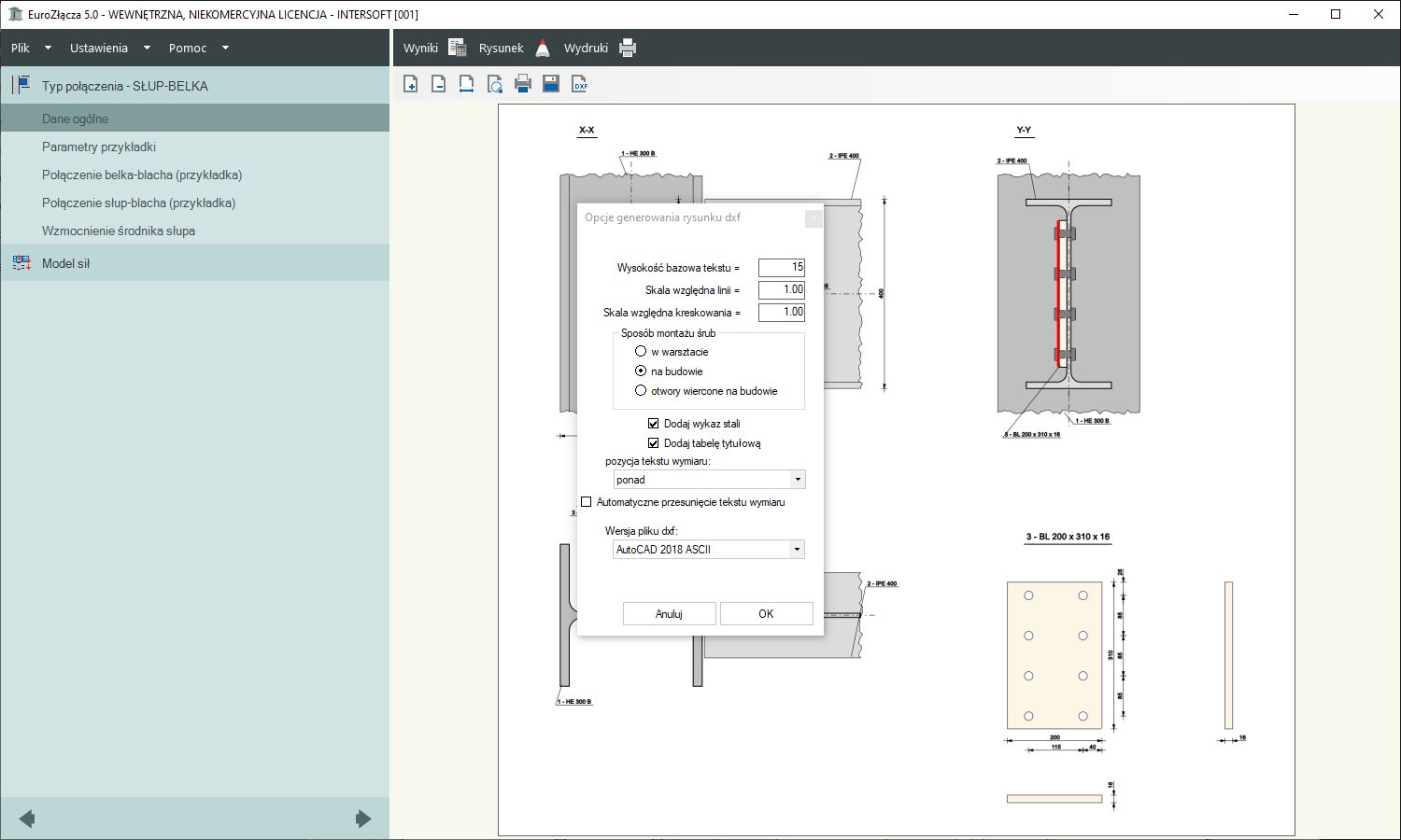 EuroZłącza SŁUP-BELKA + DXF 2.0 | INTERsoft program CAD