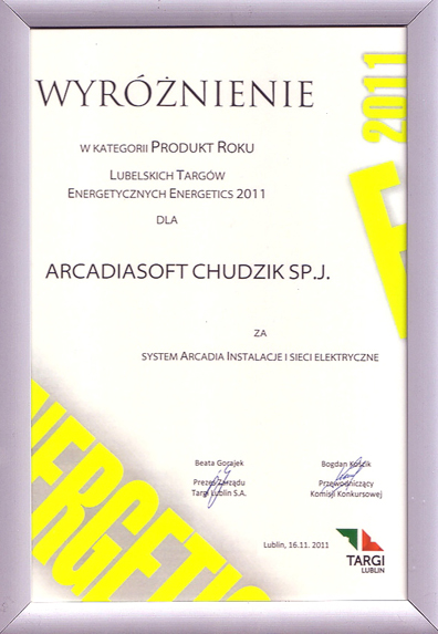 Dyplom ArCADia INSTALACJE ENERGETYCZNE produkt roku Lubelskich Targów Energetycznych Energetics 2011